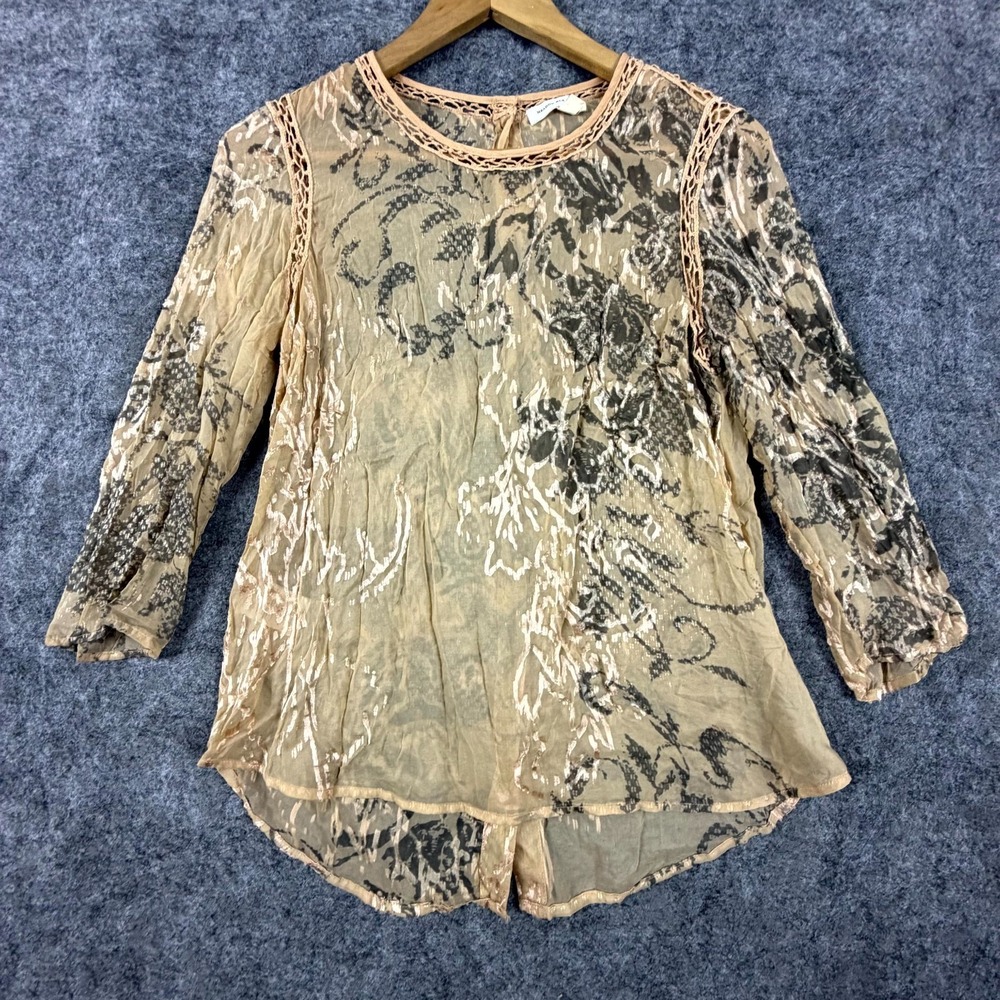 Meadow Rue Blouse Top Womens Small Brown Sheer Boho Artsy Funky Back Button